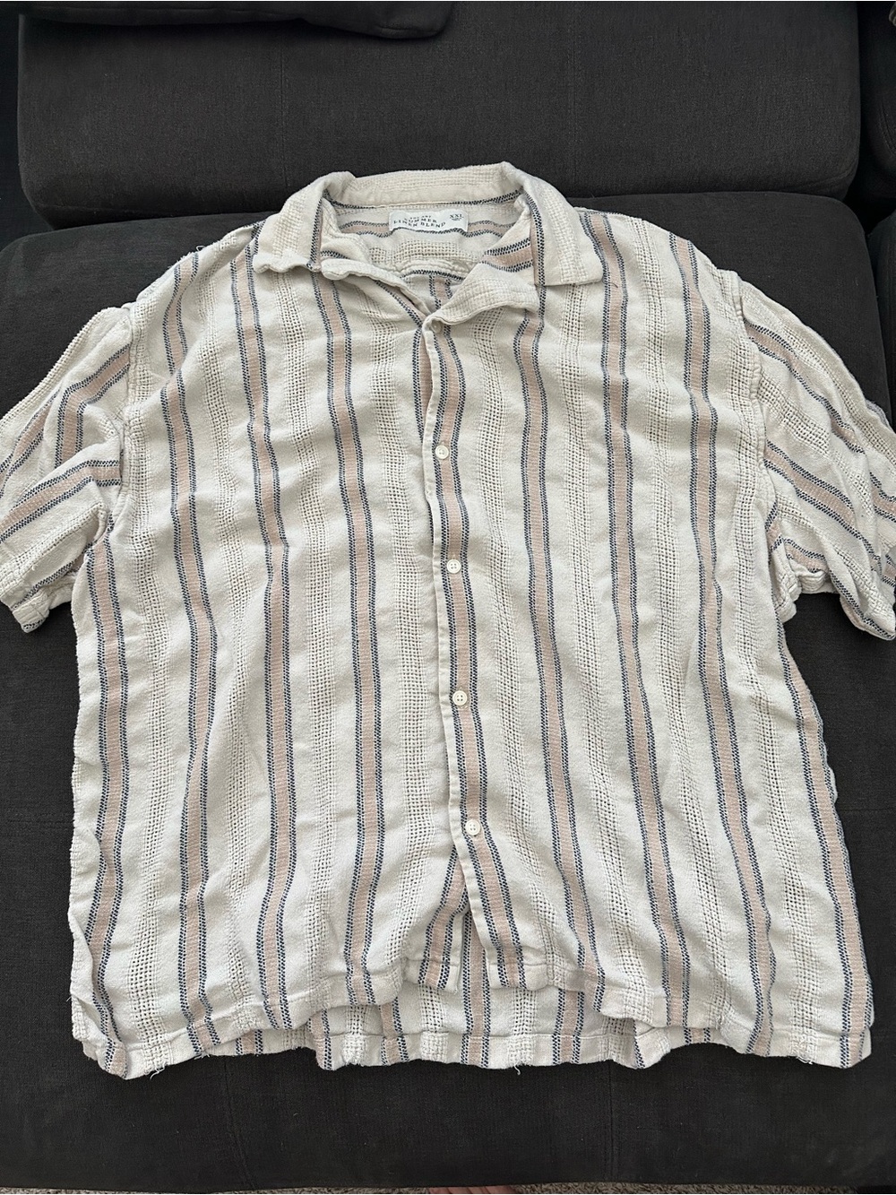 Abercrombie & Fitch Cream Linen Blend Shirt with Blue and Tan Stripes